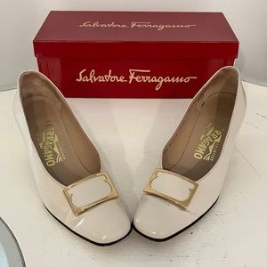 93% off white Ferragamo heels with gold buckles